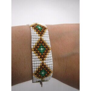 Loom Beaded Bracelet White, Brown & Green